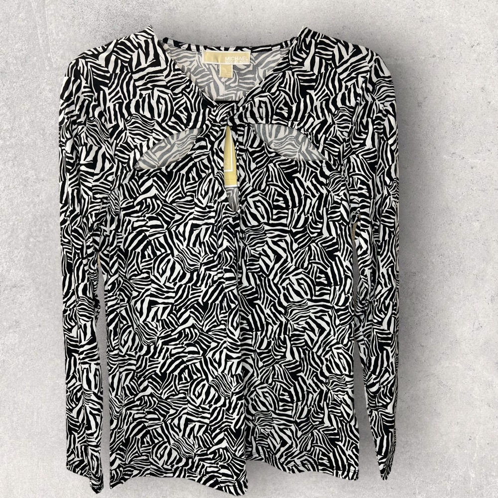 Michael Michael Kors Womens Printed Twist Keyhole stretchy top LG & SM BLK/WHT - Picture 3 of 9